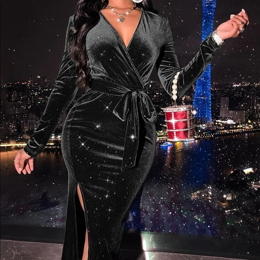 Split Thigh Belted Glitter Velvet Dress. Size large.